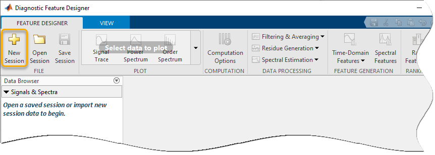The New Session button is the leftmost item in the Feature Designer tab.