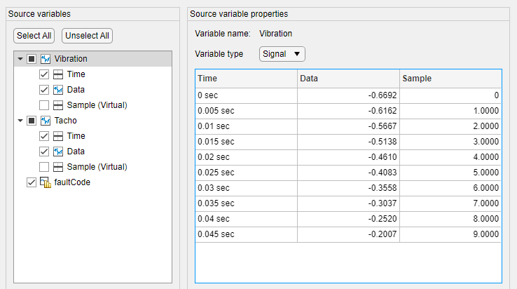 The "Vibration" row is selected in the source variables on the left. The properties of "Vibration" and a table containing its first 10 values are on the right.