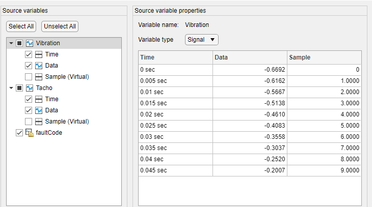 The Source variables panel is on the left. The variable at the top of the panel, Vibration, is highlighted. The Source variable properties on the right displays the preview table.