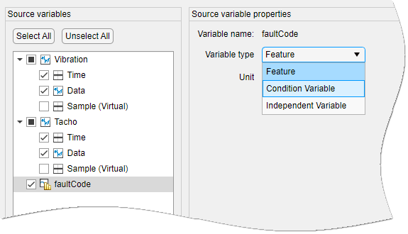 In the source variables list on the left, the faultCode variable row is gray. In the source variable properties on the right, a menu displays Feature, Condition Variable, and Independent Variable.