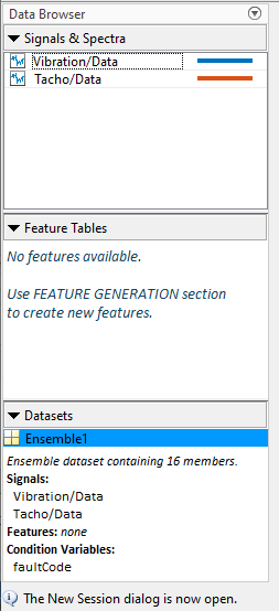 App Data Browser contains three sections in a column. These sections are, from top to bottom, Signals & Spectra, Feature Tables, and data sets.