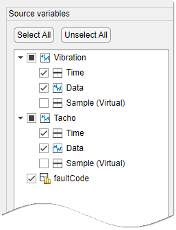 The app displays source variables Vibration, Tacho, and FaultCode in a column.