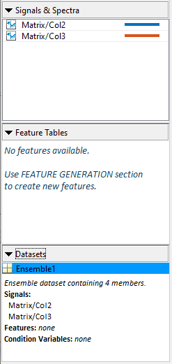 Data browser. The top box contains Col2 and Col3. The middle box contains the message "No features available". The bottom box lists the data set and its signals. There are no features or condition variables.