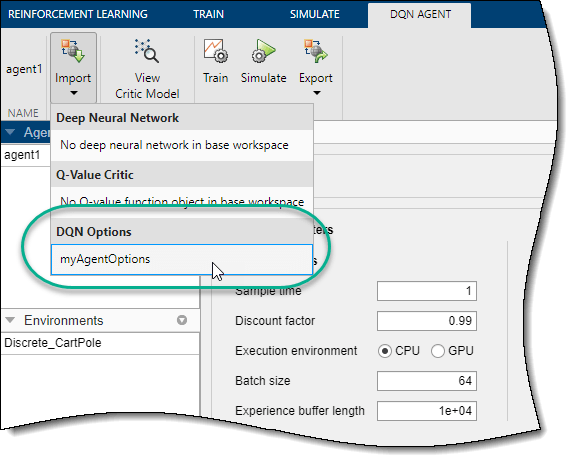 Select one of the listed options objects, which are available in the MATLAB workspace.