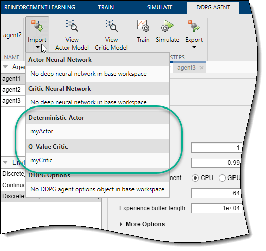 Select one of the listed actor or critic representation objects, which are available in the MATLAB workspace.