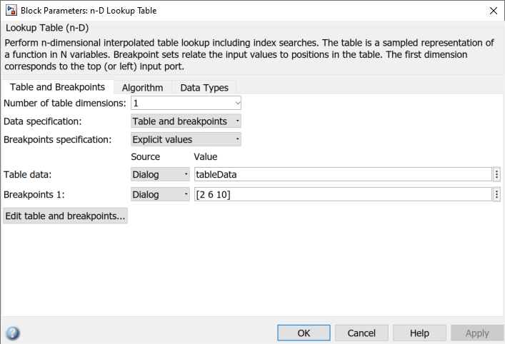 n-D Loop Table Block Parameters dialog box that shows tableData variable specified as Table data and Breakpoint data set as 2, 6, and 10.