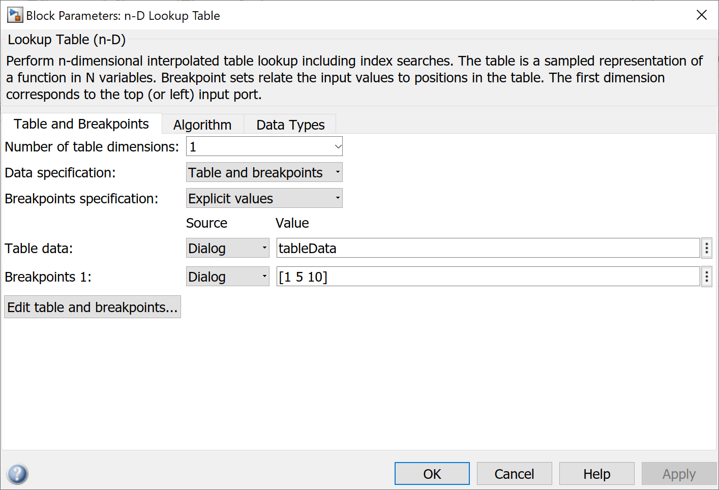 n-D Loop Table Block Parameters dialog box that shows tableData variable specified as Table data and Breakpoint data set as 1, 5, and 10.