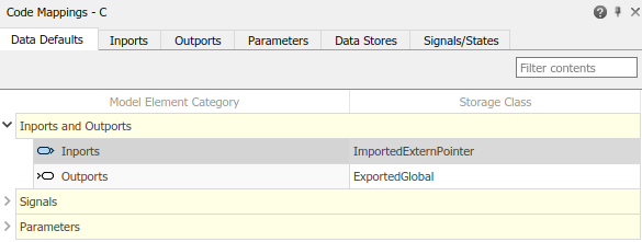 Code Mappings editor with Data Defaults tab selected, Inports and Outports tree node expanded, and storage class for Inports set to ImportedExternPointer.