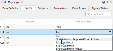 Code Mappings editor with Inports tab selected, signals In2, In3, and In4 selected, and storage class being set to Model default: ImportedExternPointer.