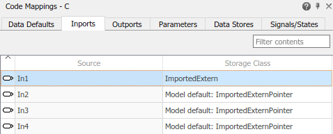 Code Mappings editor with Inports tab selected, signal In1 selected, and storage class being set to ImportedExtern