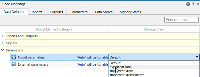 Code Mappings editor with Data Defaults tab selected, Parameters tree node expanded, and storage class for Model parameters set to ExportedGlobal.