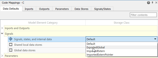 Code Mappings editor with Data Defaults tab selected, Signals tree node expanded, and storage class for Signals, states, and internal data set to ExportedGlobal.