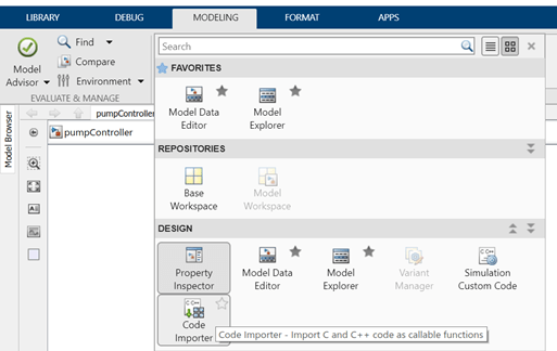 Simulink toolstrip, Modeling tab, Design menu, with Code Importer highlighted