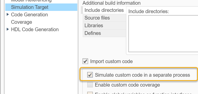 The Simulation Target pane of the Configuration Parameters dialog. The pane shows a checkbox for 'Simulate custom code in a separate process' parameter.