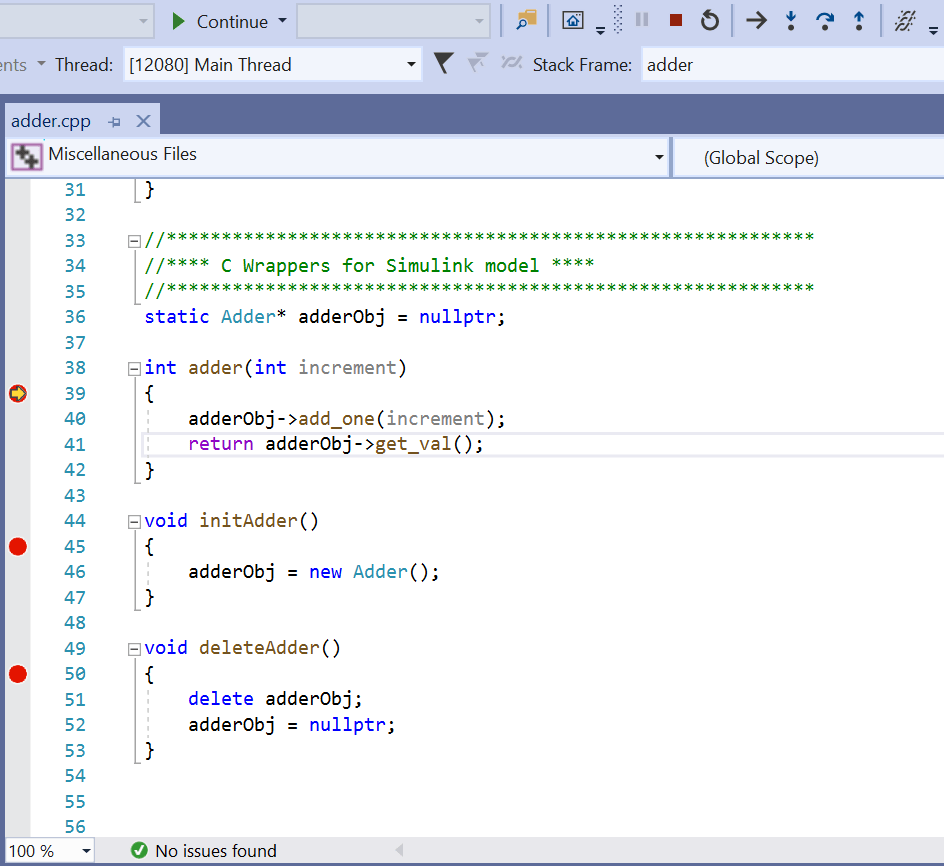 external debugger showing custom C code with breakpoints set
