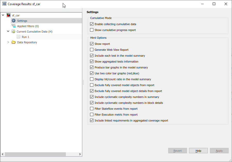 Default Results Explorer Settings. On the right is a list of Settings available for edit.