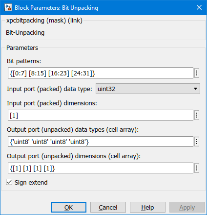 Image of Bit Unpacking block parameters dialog box