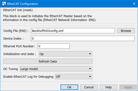 Image of EtherCAT Init block mask dialog box