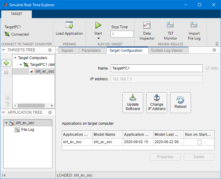 Image of Simulink Real-Time Explorer, Target Configuration tab