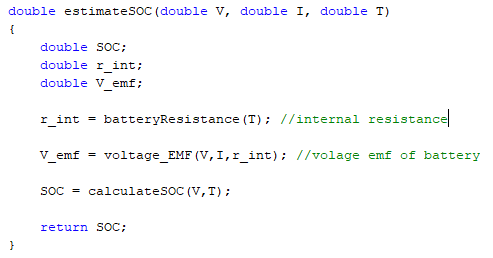 Custom C code that estimates the battery state of charge.