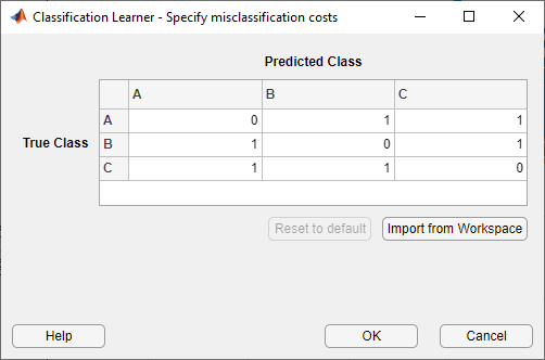 Specify misclassification costs dialog box