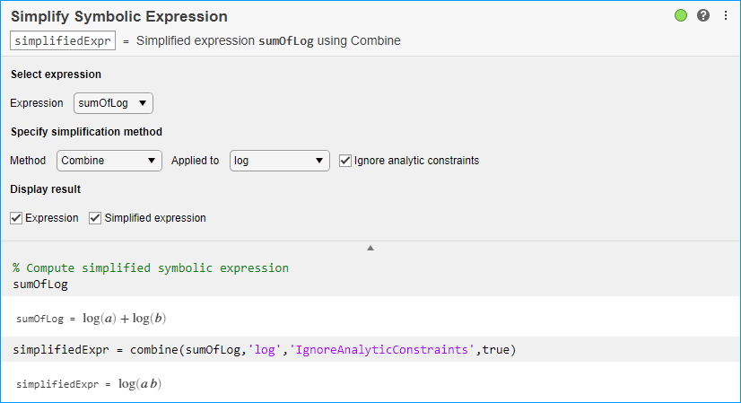 Simplify Symbolic Expression task in Live Editor