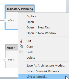 The component Trajectory Planning and a right-click menu with selection 'Link to Model...'