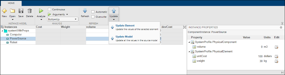 Select an interface element in the analysis viewer to see the drop down option under Update to Update Element.