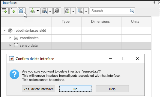 The 'sensor data' interface is selected. The confirm delete interface warning message says: Are you sure you want to delete interface: 'sensor data'? This will remove interface from all ports associated with that interface. This action cannot be undone. The default selection is No.