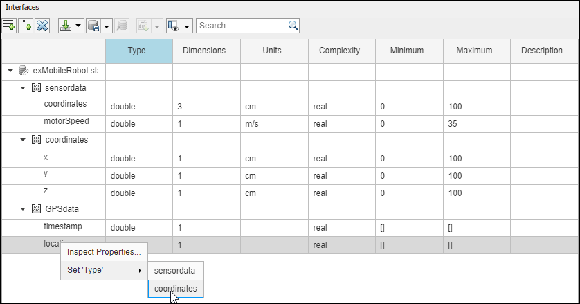 Interface editor with three interfaces named 'sensor data', 'coordinates' and 'GPS data'. Below each are interface elements with properties defined. The 'location' interface element under the interface named 'GPS data' has been right-clicked. The user is selecting the option 'Set type' to choose the interface named 'coordinates'.