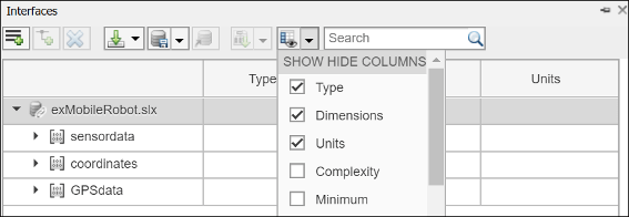 The Interface Editor view with the drop down next to the show hide columns icon is selected. The columns Type, Dimensions, and Units are selected.