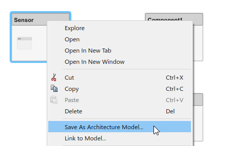 Selecting the Sensor component and right-clicking for the menu to select 'Save as Architecture Model…'