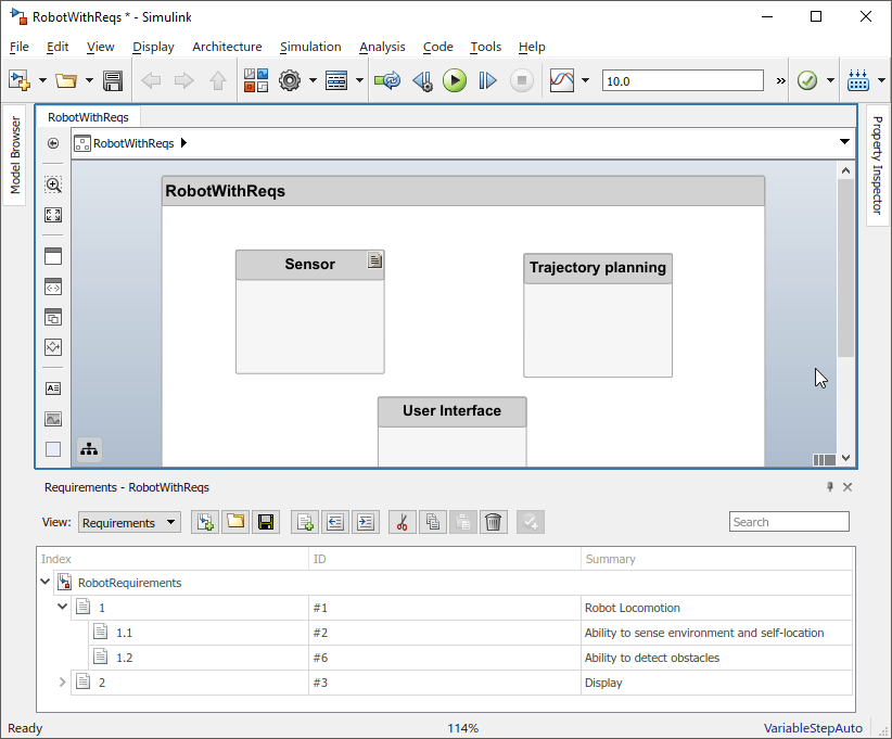 The 'Robot with Reqs' model with components named 'Sensor', 'Trajectory Planning', and 'User Interface' with a requirements perspective below it with 'Robot Requirements' listed.