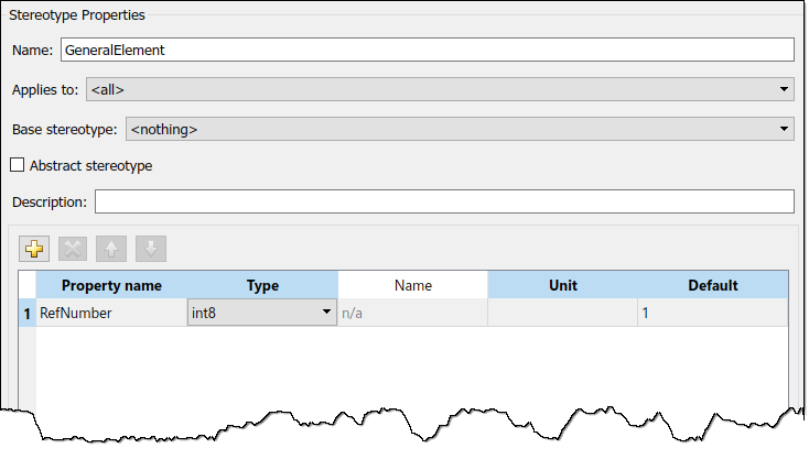 Stereotype properties section for stereotype named 'General Element' and property name 'Ref Number' of type int8 with a default value of 1.