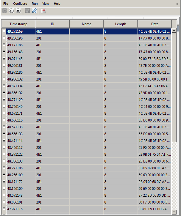 Vehicle CAN Bus Monitor displaying sample messages