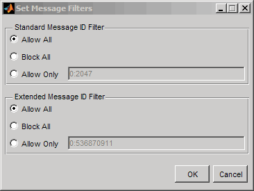 Message filter dialog allowing all standard and extended messages