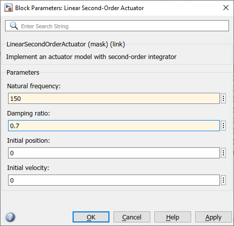 Linear Second-Order Actuator block natural frequency set to 150, damping ration set to 0.7