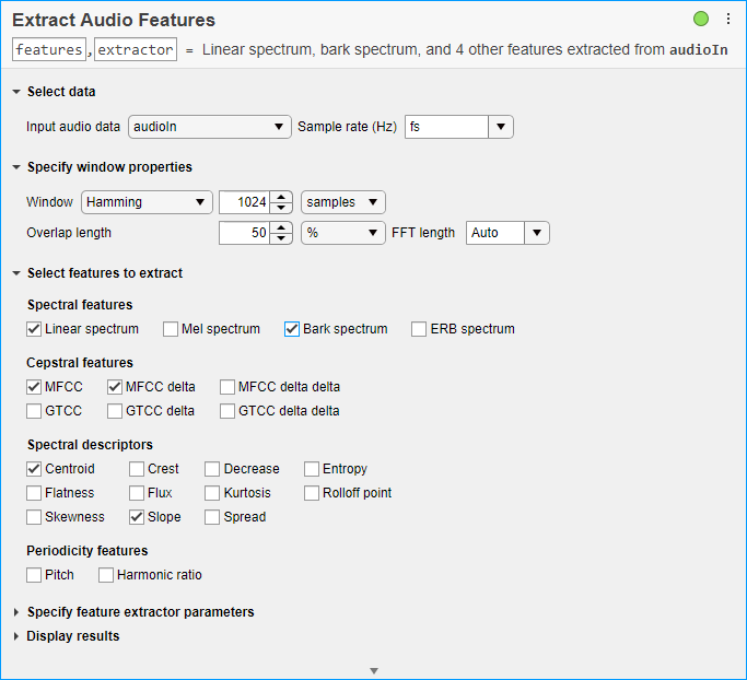 Extract Audio Features task in Live Editor