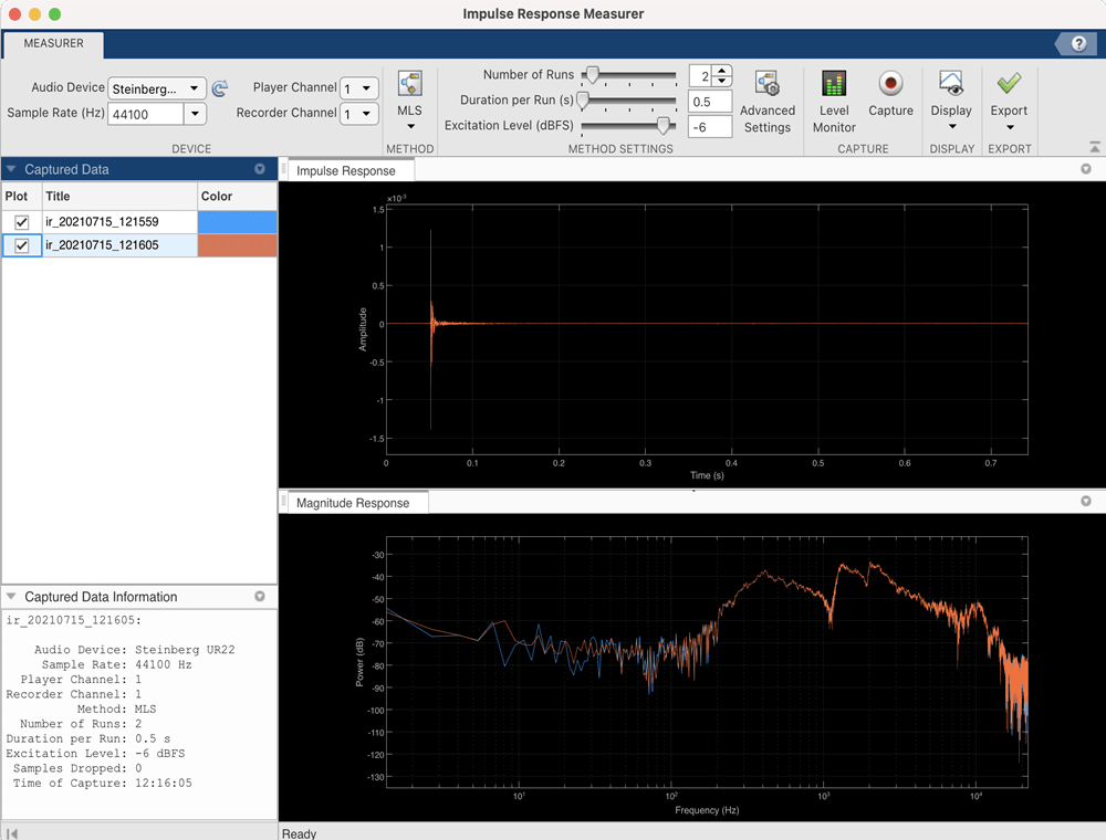 Impulse and magnitude responses acquired from audio device.