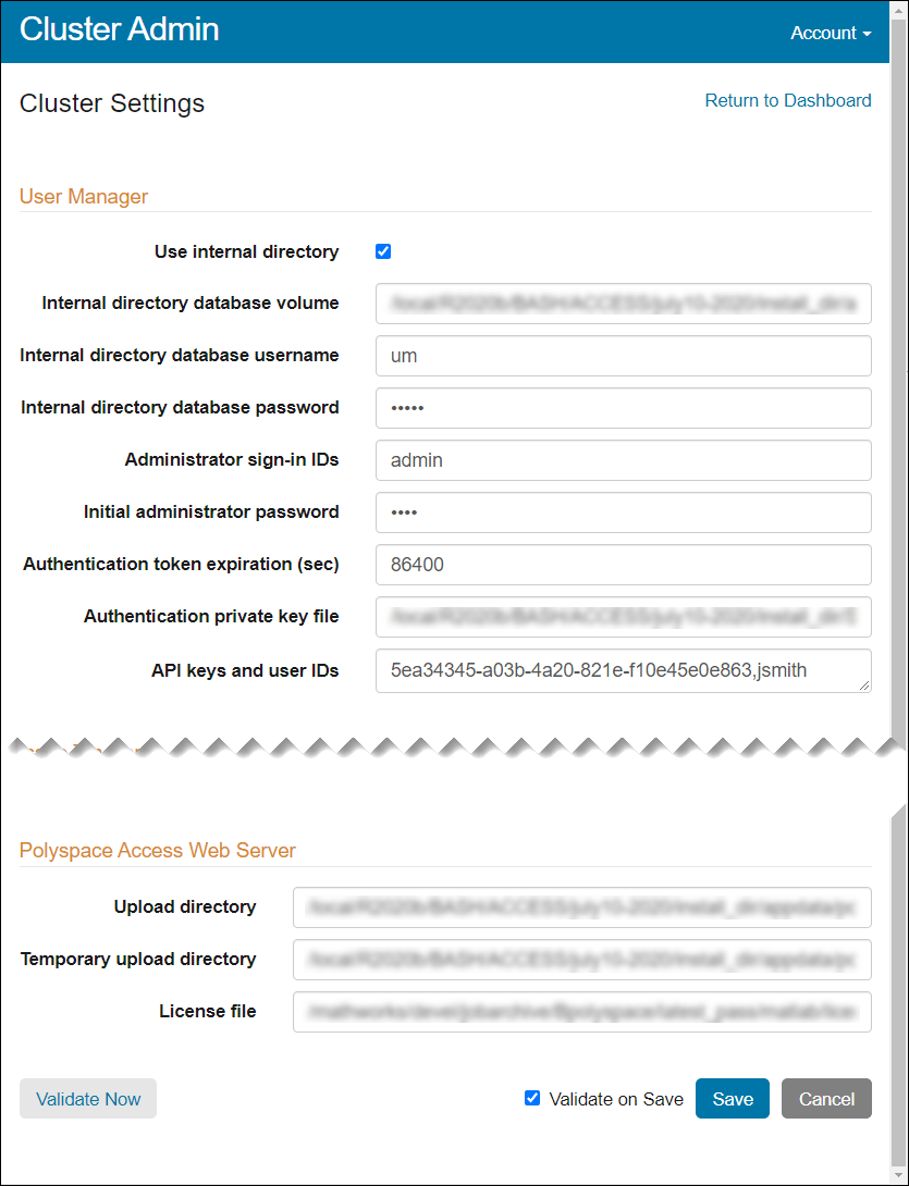 Settings view in the Cluster Admin interface