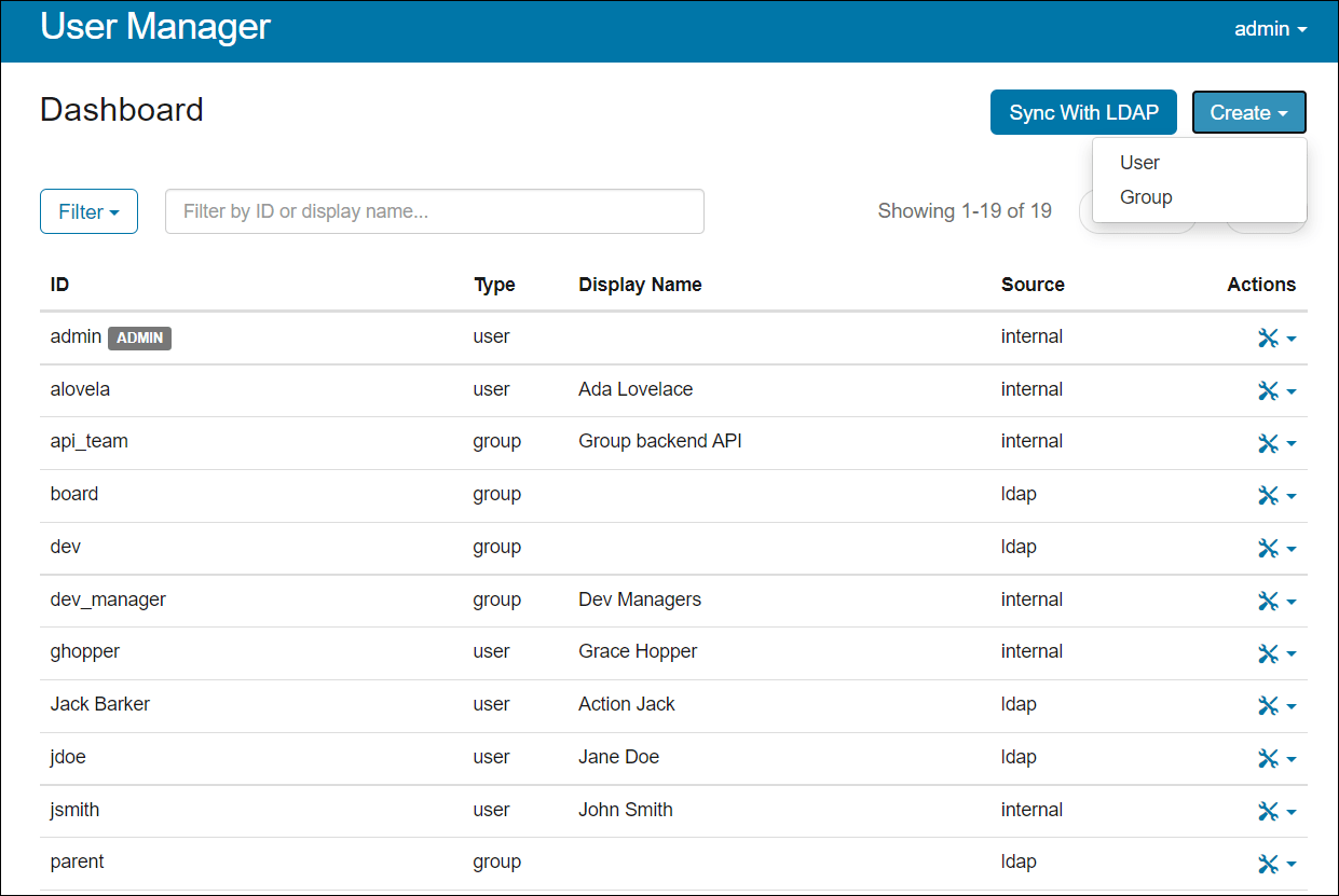 User Manager interface