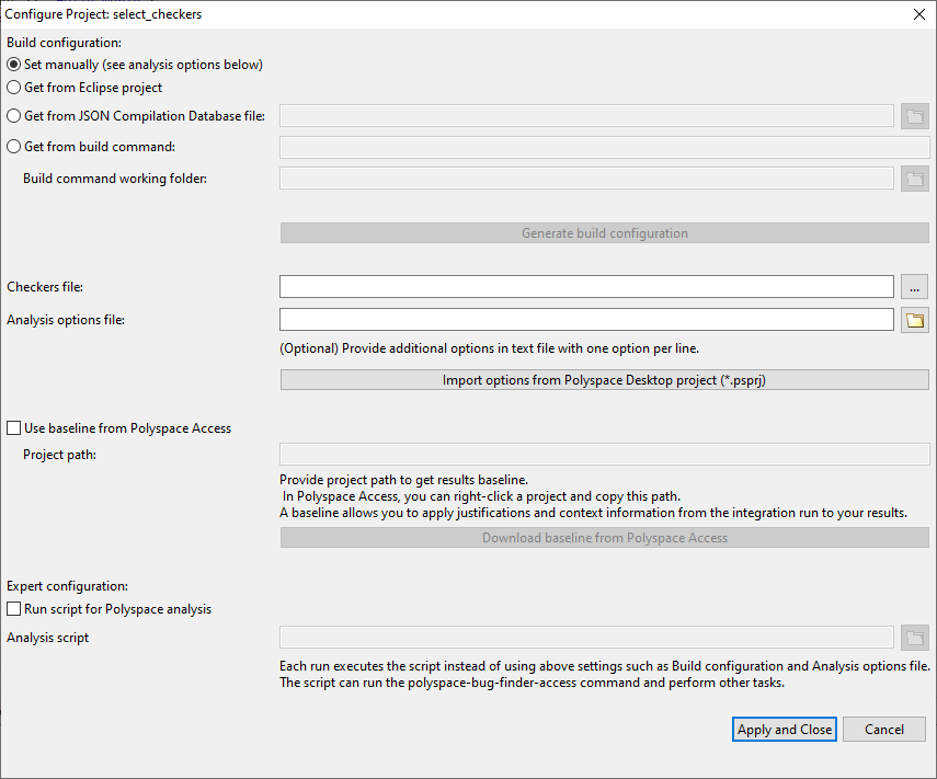 Polyspace Project Configuration menu for Eclipse plugin