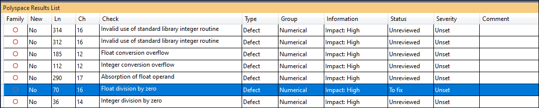 Polyspace as You Code results also present in baseline have one of Severity, Status or Comment values filled.