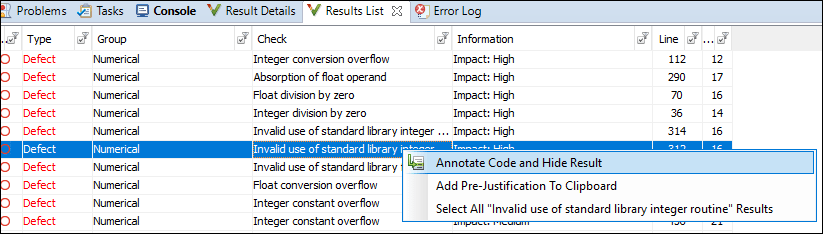 Right-click result in list to justify result with annotation