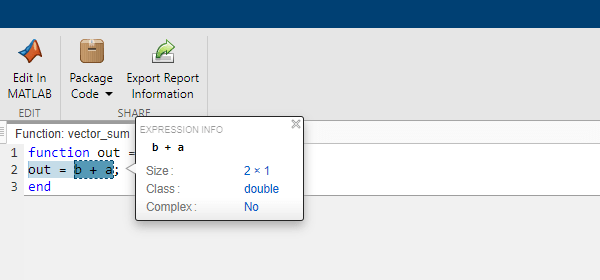 Image of the Code Generation Report while hovering over the plus operation. A dialog box generated from the operation outlines the size, class, and complexity of the operation. The size of the output variable out without implicit expansion is shown as 2 x 1.