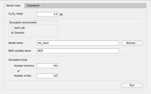 Parameter settings on the Monte Carlo tab of the Bit Error Rate Analysis app.