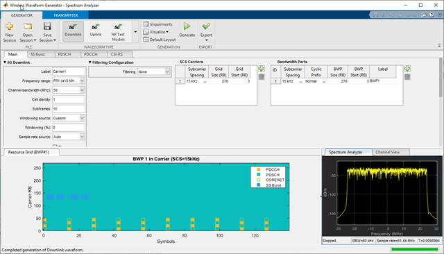 5G Wireless Waveform Generator app default configuration.