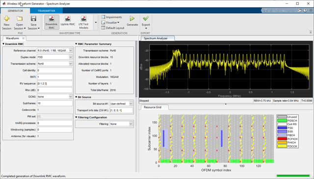 LTE Wireless Waveform Generator app default configuration.