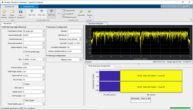 WLAN Wireless Waveform Generator app default configuration.