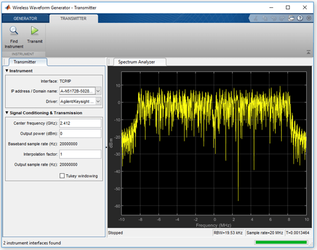 Wireless Waveform Generator app display of transmit insturment toolbar.